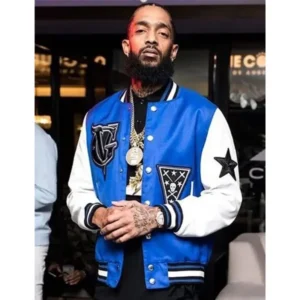 nipsey hussle in blue varsity jacket